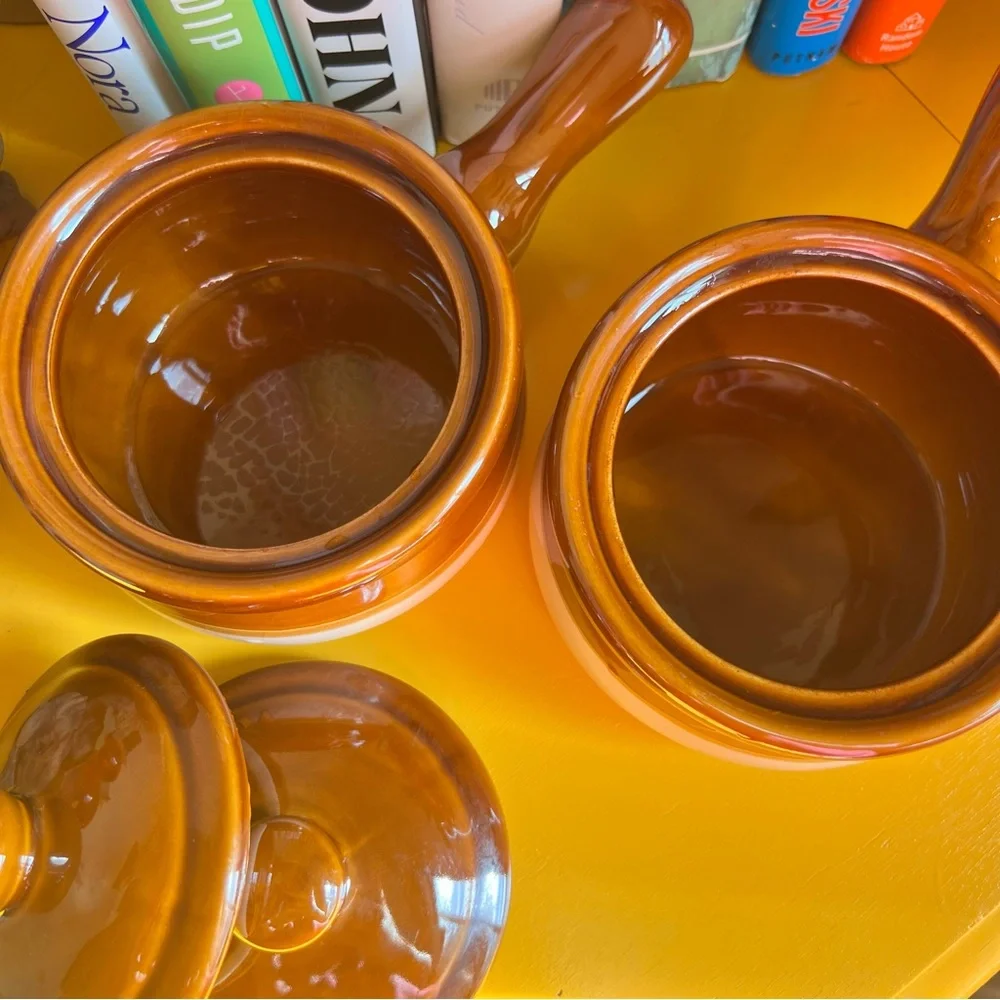 Vintage Set of Two Tri Dipped Ombre Brown Glazed Potters Soup Bowls With Lids